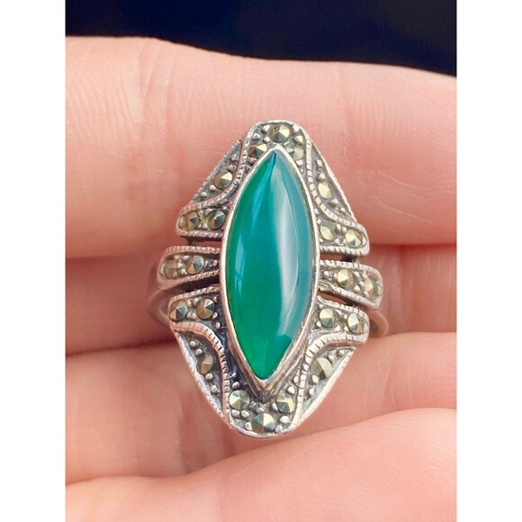 Vintage sterling silver green onyx marcasite Ring - Picture 3 of 7